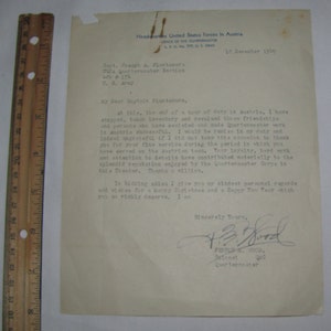 Carta de agradecimiento de Fenton M. Wood de 1949, firma en vivo, intendente del ejército de EE. UU., tuboscopio de Austria, HVRA, Asociación de radios antiguas de Houston
