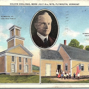 VTG ok. 1936 r. Wysłana pocztówka na płótnie Miejsce urodzenia Calvina Coolidge'a Kościół Szkoła Plymouth Vermont Rutland VT Stempel pocztowy 4A-H2156 C.W. Hughes & Co.
