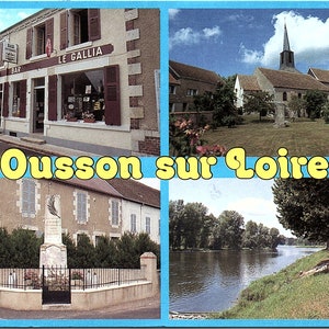 Pocztówka wysłana w stylu vintage Kościół Bar Park Rzeka Pomnik Zabytki Ciekawe miejsca Ousson-sur-Loire Gmina Loiret Francja FR 12517 45