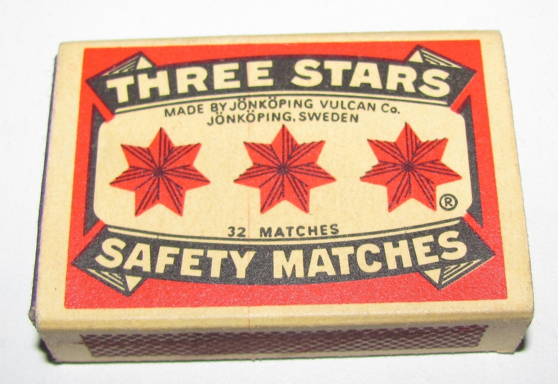 Vintage Matchbox Three Stars Safety Matches Strike on Box 10 Matches