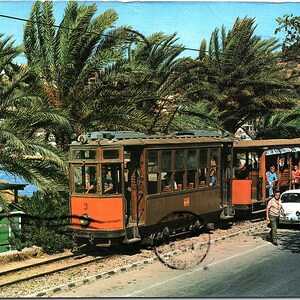 Stara pocztówka pocztowa Otwarty pociąg Trolley Cable Car Puerto de Soller Mallorca Majorka Baleary Hiszpania ES 371