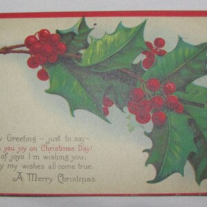 vintage Circa années 1920 Carte postale de Noël « A Merry Christmas » Poème Holly Branch & Baies 1924 Richmond VA Virginia Postmark