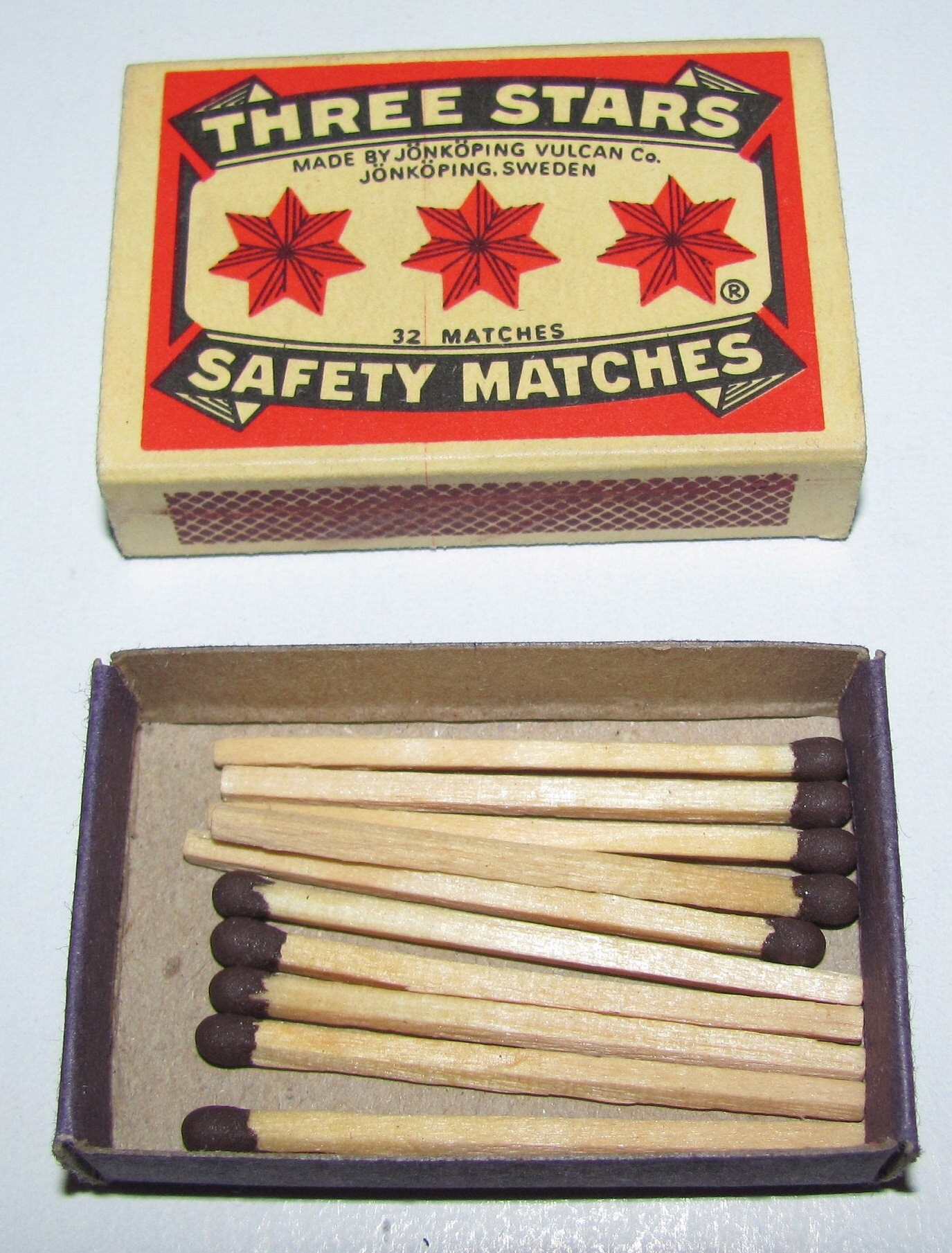 Vintage Matchbox Three Stars Safety Matches Strike on Box 10 Matches
