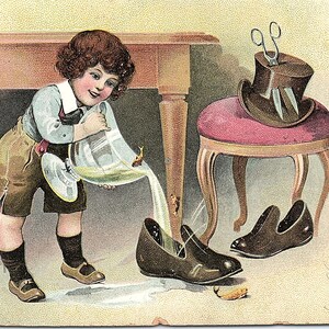 VTG opublikował pocztówkę z początku lat 1900. Ilustracja Niegrzeczny chłopiec/dziecko wlewający wodę z akwarium do buta Newark New Jersey NJ 1907 Stempel pocztowy
