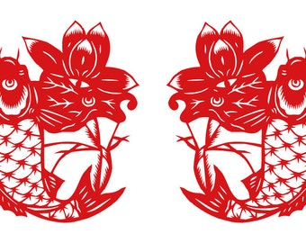 Chinese Grilles, Chinese Paper-cut Art for Koi Fish and Lotus, Jian Zhi, Chinese New Year Decorations (each Koi Fish is 8 inches)