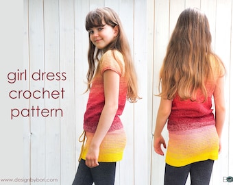 girl crochet dress pattern, top and skirt, gradient yarn, instant download pdf, easy,