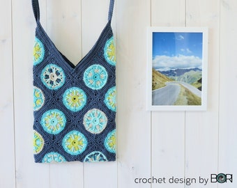 crochet granny square bag pattern, shoulder bag, tote, diy, boho, cotton, yarn, blue, green,