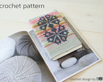 iPad case crochet pattern with cross stitch motif, easy, diy, colorful, cotton, yarn, handmade, pink, green, boho, folk