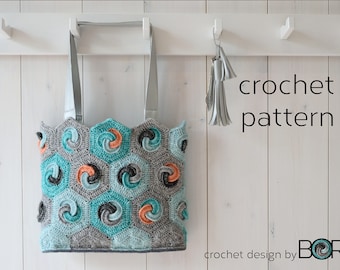 crochet bag pattern with hexagonal granny square, shoulder bag, handbag, diy, cotton, yarn, blue, boho, minimal, unique design