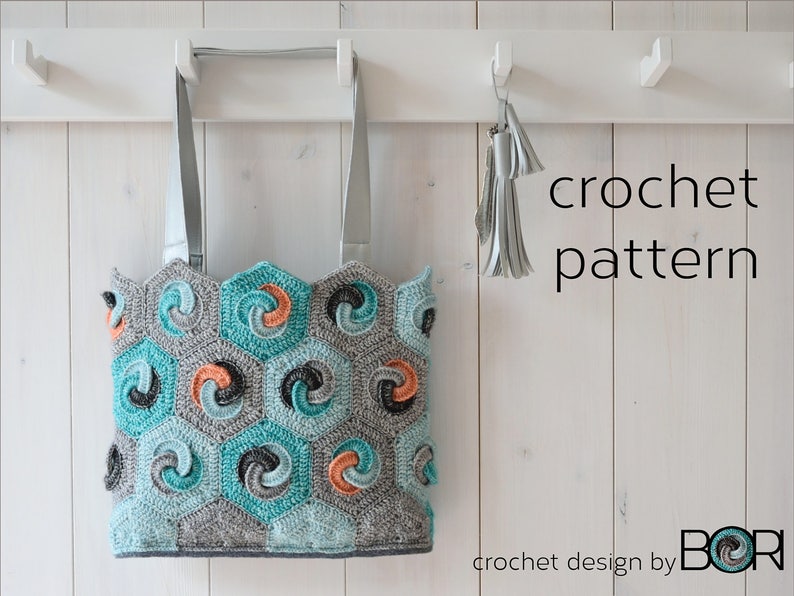 crochet bag pattern with hexagonal granny square, shoulder bag, handbag, diy, cotton, yarn, blue, boho, minimal, unique design image 1