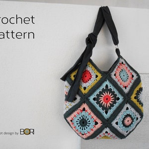 crochet granny square bag pattern, shoulder bag, handbag, diy, cotton, yarn, lining, colorful, boho, flower, unique design, handmade