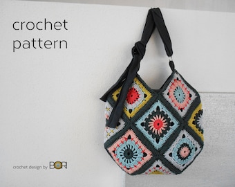 modello borsa quadrata della nonna all'uncinetto, borsa a tracolla, borsetta, fai da te, cotone, filato, fodera, colorato, boho, fiore, design unico, fatto a mano