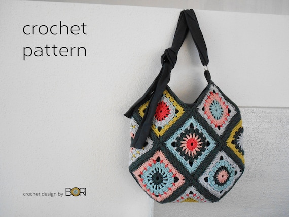 Crochet Granny Square Bag Pattern Shoulder Bag Handbag Diy Cotton Yarn Lining Colorful Boho Flower Unique Design Handmade Etsy Canada