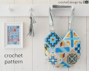 crochet bag pattern from granny squares, shoulder bag, handbag, crossbody bag, diy, cotton, yarn, lining, blue, boho, folk style, handmade
