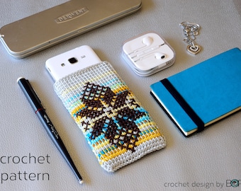 crochet pattern for phone case, cross stitch leaf motif, easy, diy, colorful, cotton, yarn, handmade, blue, yellow, boho, folk