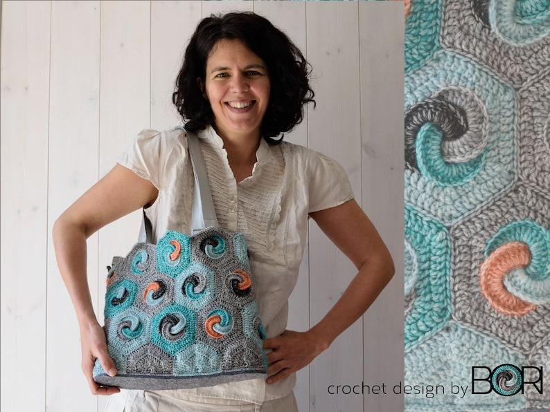 crochet bag pattern with hexagonal granny square, shoulder bag, handbag, diy, cotton, yarn, blue, boho, minimal, unique design image 2