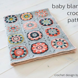 crochet baby blanket pattern, for girls, granny square, flower, easy, diy, pink, silver green, colorful image 8