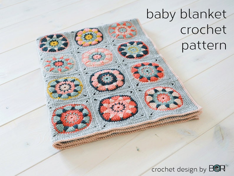 crochet baby blanket pattern, for girls, granny square, flower, easy, diy, pink, silver green, colorful image 8