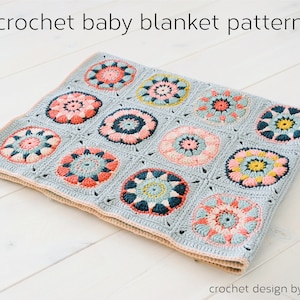 crochet baby blanket pattern, for girls, granny square, flower, easy, diy, pink, silver green, colorful image 1