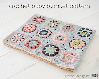 crochet baby blanket pattern, for girls, granny square, flower, easy, diy, pink, silver green, colorful