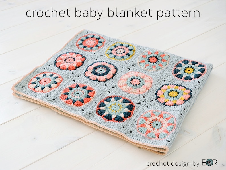 crochet baby blanket pattern, for girls, granny square, flower, easy, diy, pink, silver green, colorful image 1