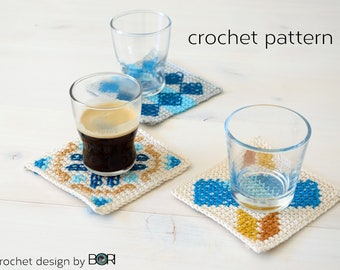 crochet placemat pattern blue tiles, tablewear, coffee, tea, easy, diy, cross stitch, cotton, yarn, handmade, table, decor, white, orange