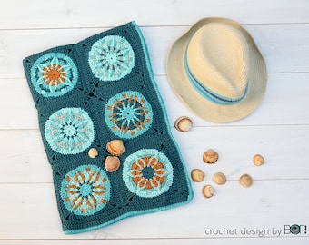 modello coperta per bambini all'uncinetto, ragazzo, ragazza, piazza della nonna, fiore, facile, fai da te, mandala, oceano, blu, verde, colorato