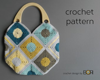 modello di borsa all'uncinetto con manico in legno, borsetta, fai da te, nonna, quadrata, facile, cotone, filato, colorato, pastello, design unico, fatto a mano