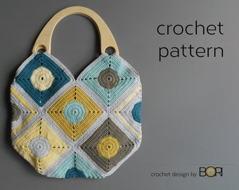 crochet bag pattern with wood handle, handbag, diy, granny, square, easy, cotton, yarn, colorful, pastel, unique design, handmade