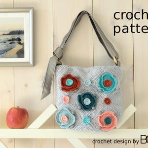 crochet bag pattern with flowers, shoulder bag, handbag, diy, cotton, yarn, lining, colorful, boho, flower, unique design, handmade image 2