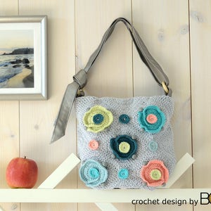 crochet bag pattern with flowers, shoulder bag, handbag, diy, cotton, yarn, lining, colorful, boho, flower, unique design, handmade image 4