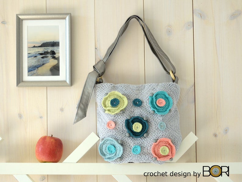 crochet bag pattern with flowers, shoulder bag, handbag, diy, cotton, yarn, lining, colorful, boho, flower, unique design, handmade image 4