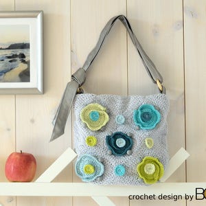 crochet bag pattern with flowers, shoulder bag, handbag, diy, cotton, yarn, lining, colorful, boho, flower, unique design, handmade image 1
