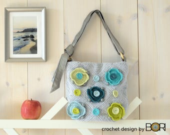 modello di borsa all'uncinetto con fiori, borsa a tracolla, borsa, fai da te, cotone, filato, fodera, colorato, boho, fiore, design unico, fatto a mano