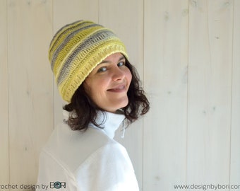 modello di cappello all'uncinetto da donna, giallo limonata, colori grigi, download immediato pdf, modello facile