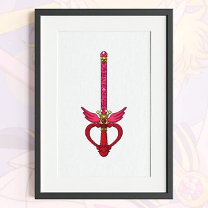 Pode incluir: Uma impressão emoldurada de uma varinha mágica rosa e dourada com uma alça em forma de coração e asas. A varinha é decorada com gemas rosa brilhantes.