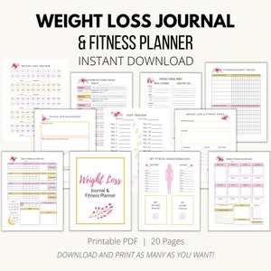 Weight Loss Journal, Fitness Planner, Measurement Tracker, Cardio, Strength Training, Step Tracker, Meal Planner, Workout Planner Printable