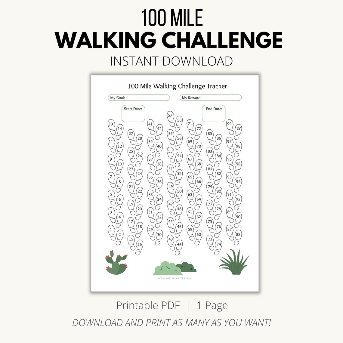 Walking Challenge, 100 Mile Challenge Tracker, Step & Walking Tracker, Step Journal, Walking