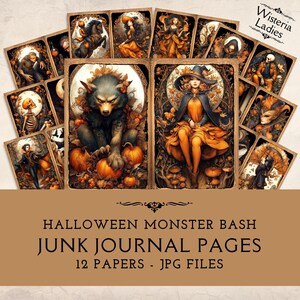 Peut inclure: Ensemble de pages de journal de rebut sur le thème d'Halloween, illustrées de monstres et de sorcières. Les images présentent un style vintage. Le texte sur l'image indique "Halloween Monster Bash Junk Journal Pages 12 Papers - JPG Files."