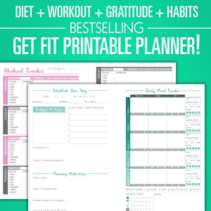 Printable Fitness Planner - Nutrition, Workout, Gratitude Bundle - A5 Sizes - Digital PDF - Diet, Weight Loss, Habits Exercise Journal Diary