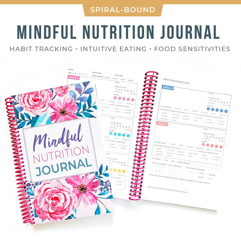 Mindful Eating Nutrition Diary 90 Days, 3 Months of Food Sensitivity Logging Pages, Diet Journal Floral Pink