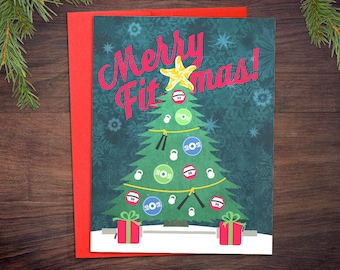 Crossfit Christmas Cards - Merry Fitmas Tree Ornament - Fitness Weightlifting Holiday Greeting Card