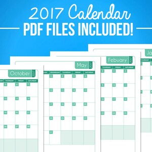 May include: A set of printable 2017 calendars in PDF format. The calendars are in a simple, clean design with a light green colour scheme. The months shown are January, February, May, and October.