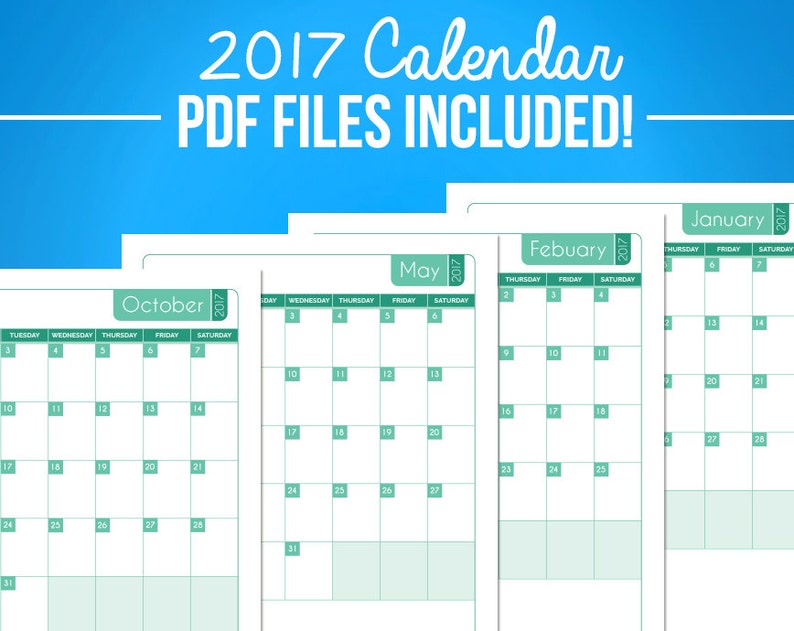 May include: A set of printable 2017 calendars in PDF format. The calendars are in a simple, clean design with a light green colour scheme. The months shown are January, February, May, and October.