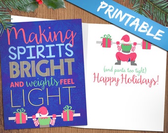 Crossfit Inspired Christmas Cards - Making Spirits Bright and Weights Feel Light - Fitness Weightlifting Holiday Greeting Card