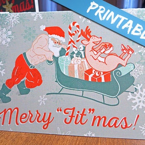 Cartão de Natal inspirado em Crossfit Fitness Download digital para impressão - Merry Fitmas Santa Sled Push Barra de levantamento de peso