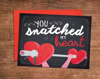 Snatched My Heart Weightlifting Valentines Day Card - Crossfit Love Greeting Card - Perfect for Husband, Wife, Boyfriend, Girlfriend