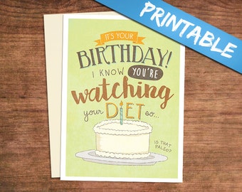 Paleo Birthday Card For the Gluten Free Eater - Printable Greeting Card for Crossfit, Fitness, Nutrition, Weight Loss, Low Carb Diet