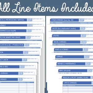 May include: A blue and white printable form with the title "All Line Items Included". The form is divided into two columns, each with a list of line items for a business expense report. The line items are numbered from 8 to 27.