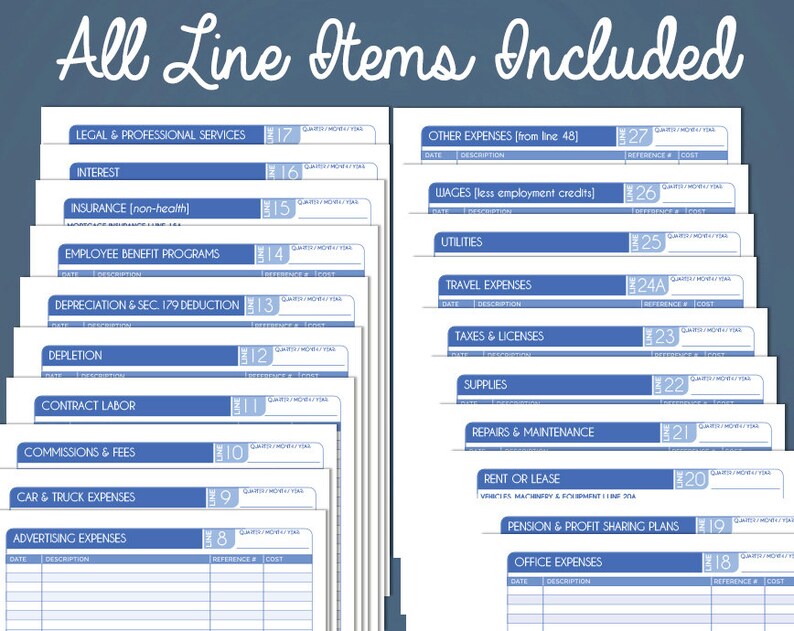 May include: A blue and white printable form with the title "All Line Items Included". The form is divided into two columns, each with a list of line items for a business expense report. The line items are numbered from 8 to 27.